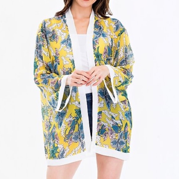 NEW Sheer Tropical Floral Yellow Kimono CoverUp - Picture 2 of 7